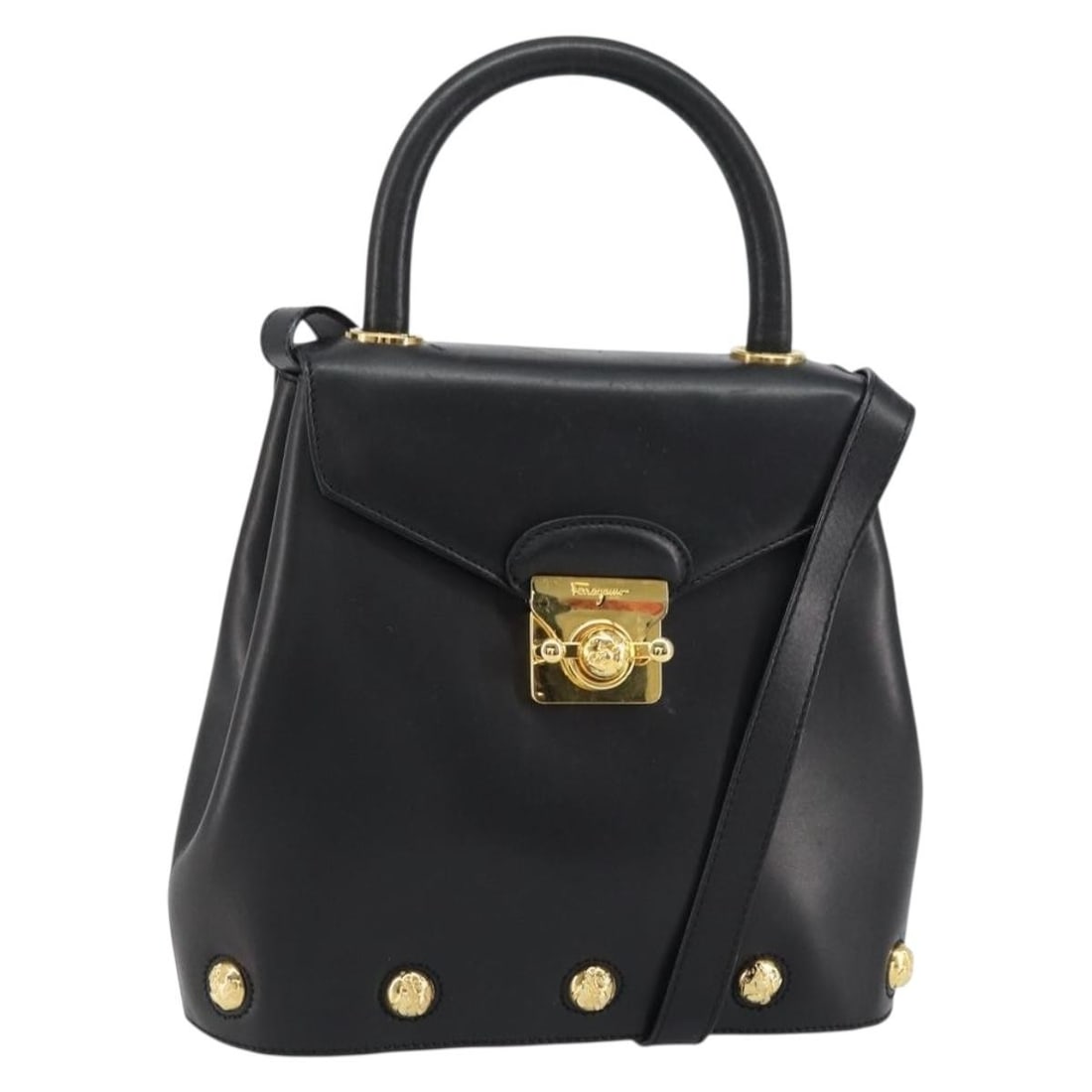 Salvatore Ferragamo Black Leather 2way Handbag with Shoulder Strap Gold Accents: Salvatore Ferragamo Black Leather 2way Handbag with Shoulder Strap Gold Accents This Salvatore Ferragamo 2-way hand bag features black leather with gold-tone accents. It includes both a top handle and