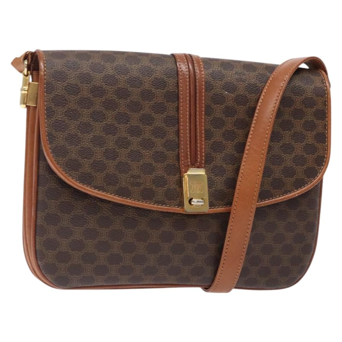 CELINE Brown PVC Leather Macadam Canvas Shoulder Bag Made in Italy: CELINE Brown PVC Leather Macadam Canvas Shoulder Bag Made in Italy This authentic CELINE Macadam Canvas Shoulder Bag combines style and practicality, crafted in Italy from durable PVC leather with a s