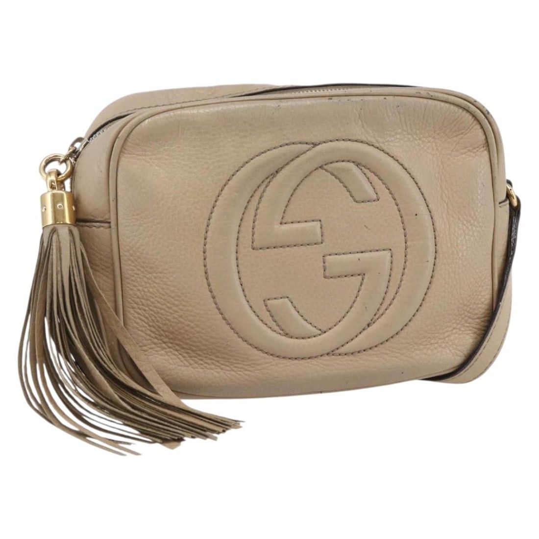 GUCCI Small Disco Interlocking Shoulder Bag Leather Beige Gold 308364 Auth (1 of 18)