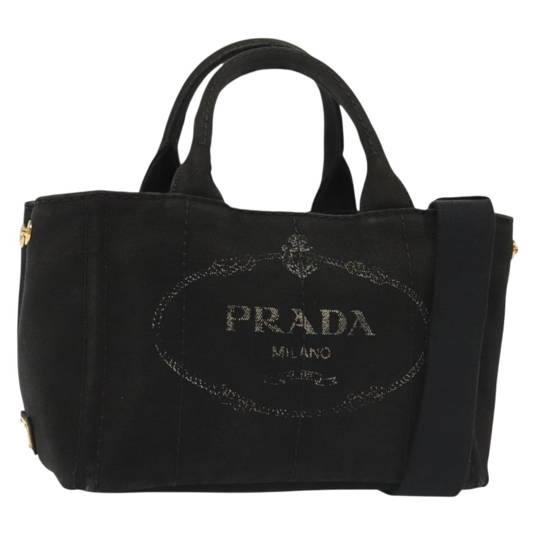 PRADA Canapa PM Black Gold 2way Canvas Hand Bag Authentic (1 of 18)