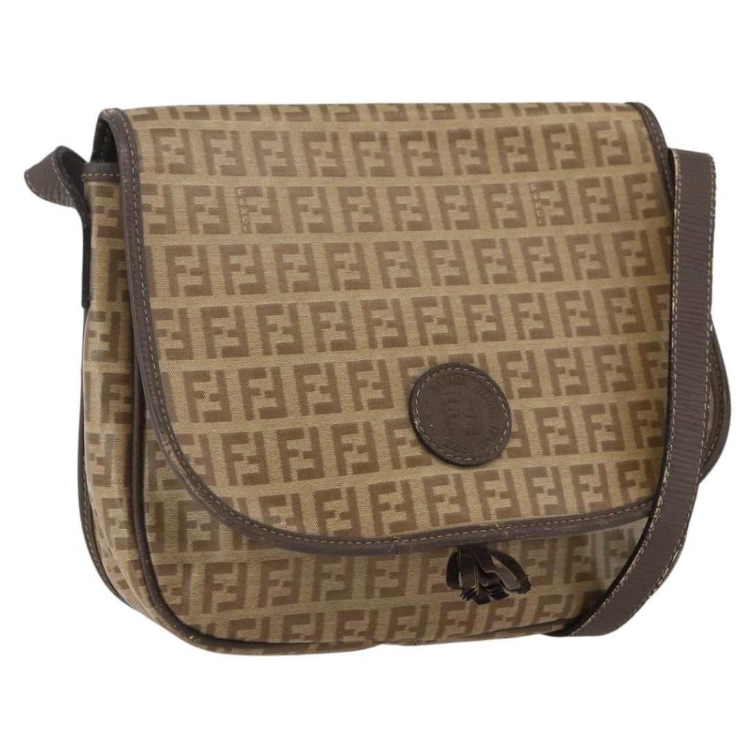 Beige Zucchino Pattern Coated Canvas Fendi Shoulder Bag from Italy: Beige Zucchino Pattern Coated Canvas Fendi Shoulder Bag from Italy This FENDI Zucchino shoulder bag is crafted from coated canvas in a beige and silver color scheme. Designed in Italy, it features a s