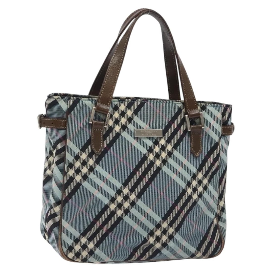 BURBERRY Nova Check Blue Label Hand Bag Nylon Blue Silver Auth Japan: BURBERRY Nova Check Blue Label Hand Bag Nylon Blue Silver Auth Japan This Burberry Nova Check Hand Bag combines functionality with timeless style. Crafted from durable nylon, it showcases an elegant b