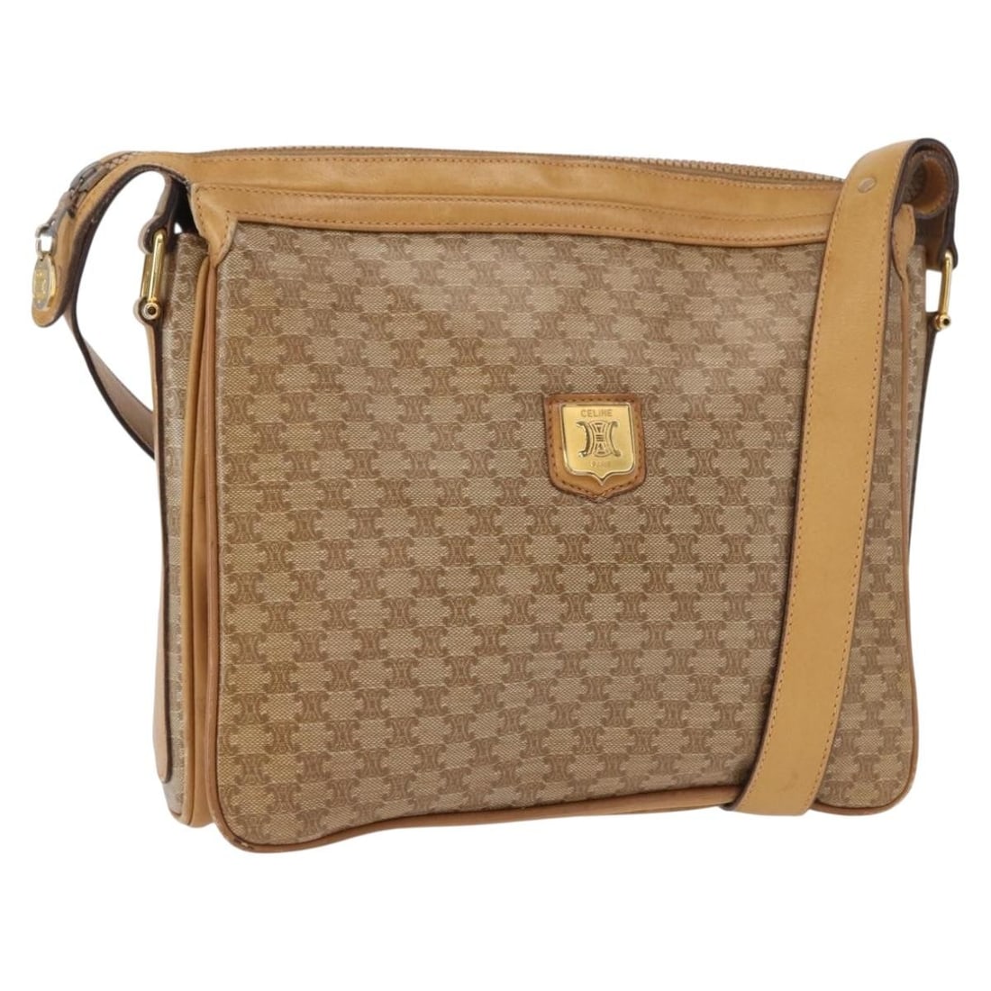 Celine Macadam Beige PVC Leather Shoulder Bag Gold Tone Hardware: Celine Macadam Beige PVC Leather Shoulder Bag Gold Tone Hardware This is a CELINE Macadam canvas shoulder bag crafted from beige and gold PVC leather. The bag features a signature Macadam pattern, gol