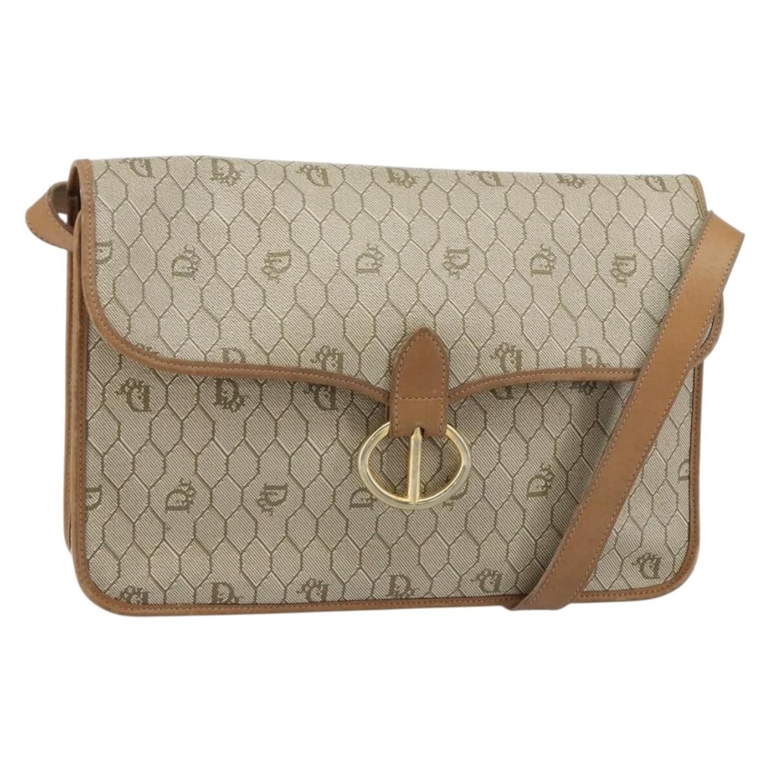 Beige Gold Dior Honeycomb Pattern PVC Leather Shoulder Bag France: Beige Gold Dior Honeycomb Pattern PVC Leather Shoulder Bag France This Christian Dior shoulder bag features the signature honeycomb canvas with PVC leather in beige and gold tones. Made in France, the