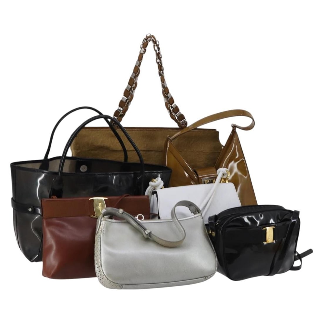 Salvatore Ferragamo Black Brown Enamel Canvas Shoulder Bag Auth: Salvatore Ferragamo Black Brown Enamel Canvas Shoulder Bag Auth This Salvatore Ferragamo shoulder bag is crafted from durable enamel canvas and features a stylish black, brown, and white color scheme.