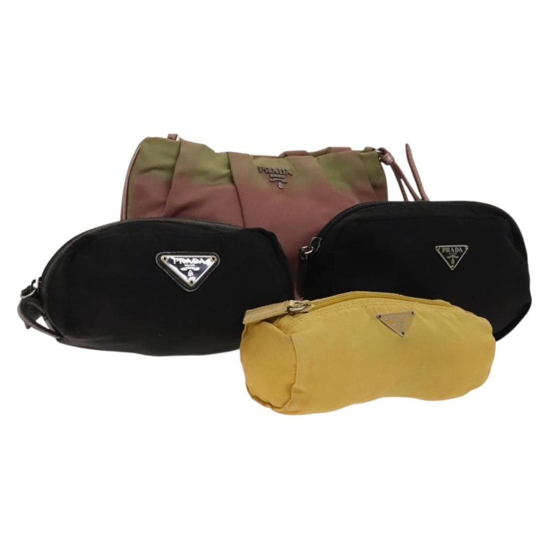 PRADA Nylon Pouch Set Black Pink Yellow Authentic Bundle: PRADA Nylon Pouch Set Black Pink Yellow Authentic Bundle This PRADA pouch set features a stylish combination of black, pink, and yellow nylon. Designed for versatility, this pouch is perfect for every