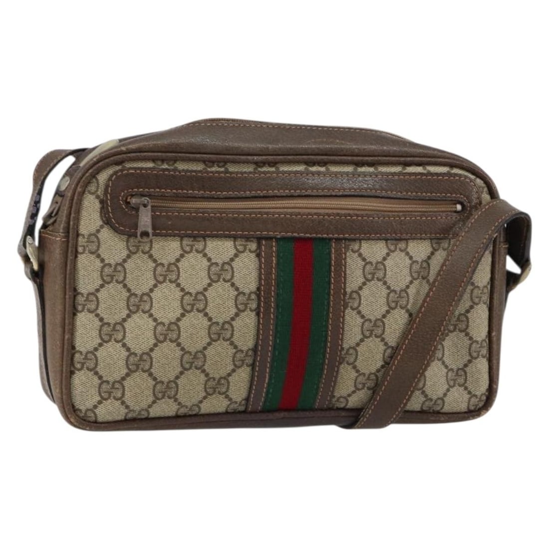 GUCCI GG Supreme Sherry Shoulder Bag Beige Gold Red PVC Leather Auth 148413: GUCCI GG Supreme Sherry Shoulder Bag Beige Gold Red PVC Leather Auth 148413 Introducing the GUCCI GG Supreme Web Sherry Line Shoulder Bag, a stylish and functional accessory that embodies luxury and s