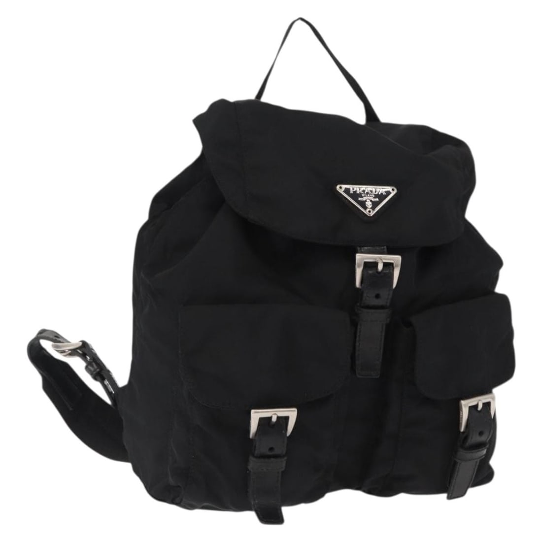 Black Nylon Prada Backpack with Silver Tone Details Made in Italy: Black Nylon Prada Backpack with Silver Tone Details Made in Italy This PRADA backpack features a black nylon exterior with silver-tone accents. Made in Italy, it has a compact design and offers a main