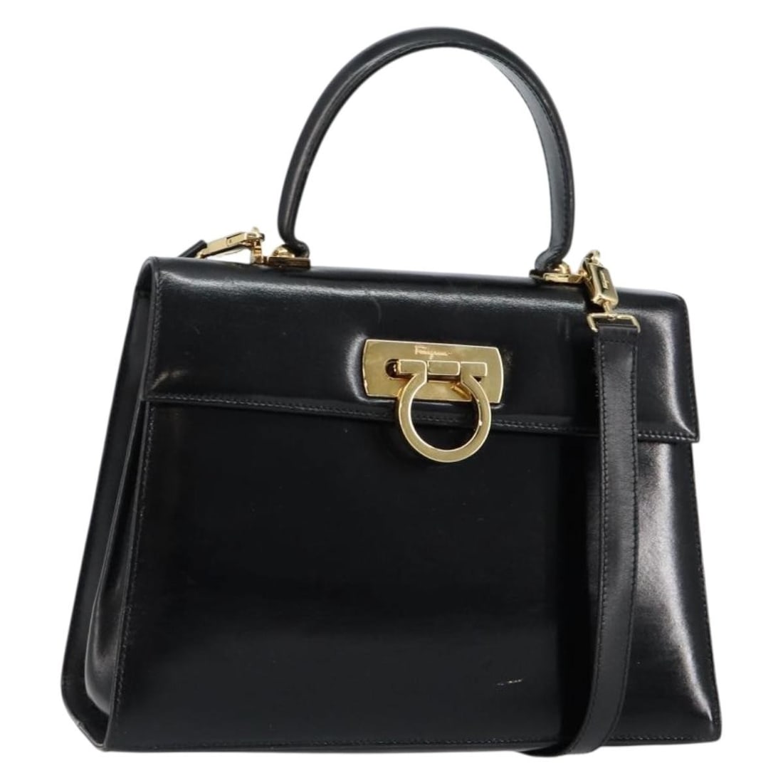 Salvatore Ferragamo Gancini Leather Hand Bag Black Gold Auth 144914 Italy (1 of 18)
