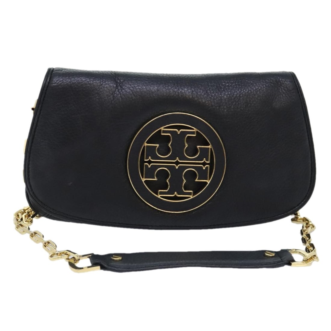 TORY BURCH Black Gold Leather Chain Shoulder Bag Auth AM6939: TORY BURCH Black Gold Leather Chain Shoulder Bag Auth AM6939 This Tory Burch Shoulder Bag combines elegance with functionality, featuring a stylish black leather exterior complemented by gold accents.
