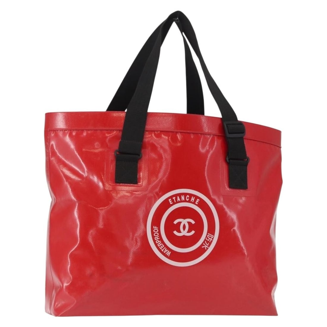 Red Vinyl CHANEL Etanche Waterproof Tote Bag with CC Logo: Red Vinyl CHANEL Etanche Waterproof Tote Bag with CC Logo This CHANEL Etanche Waterproof tote bag is crafted from red vinyl and features the iconic CC logo. Designed with practicality in mind, it offe