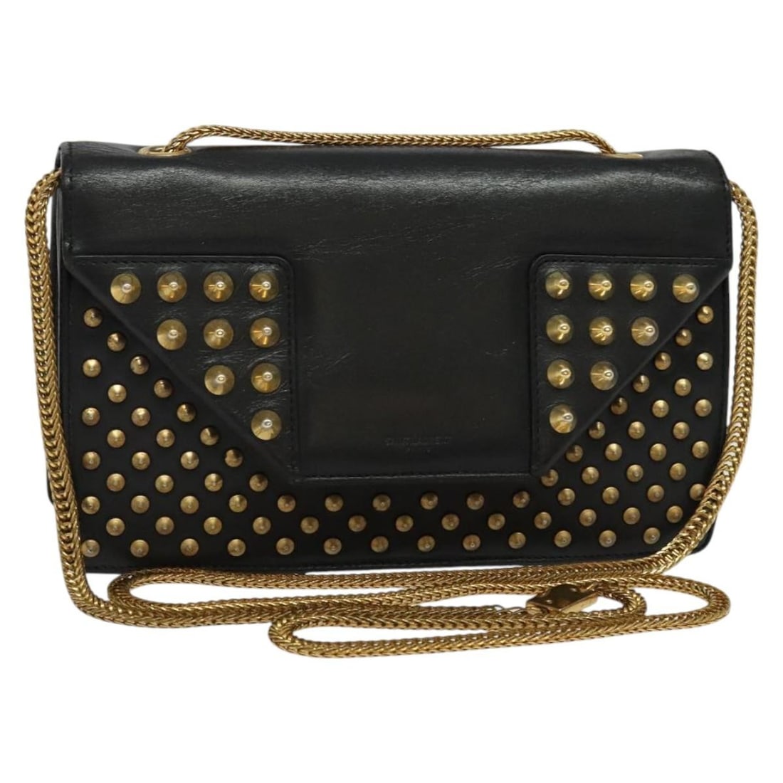 SAINT LAURENT Black Gold Leather Studs Chain Shoulder Bag Auth: SAINT LAURENT Black Gold Leather Studs Chain Shoulder Bag Auth Elevate your style with this authentic SAINT LAURENT Studs Chain Shoulder Bag. Crafted from high-quality leather, this shoulder bag featu