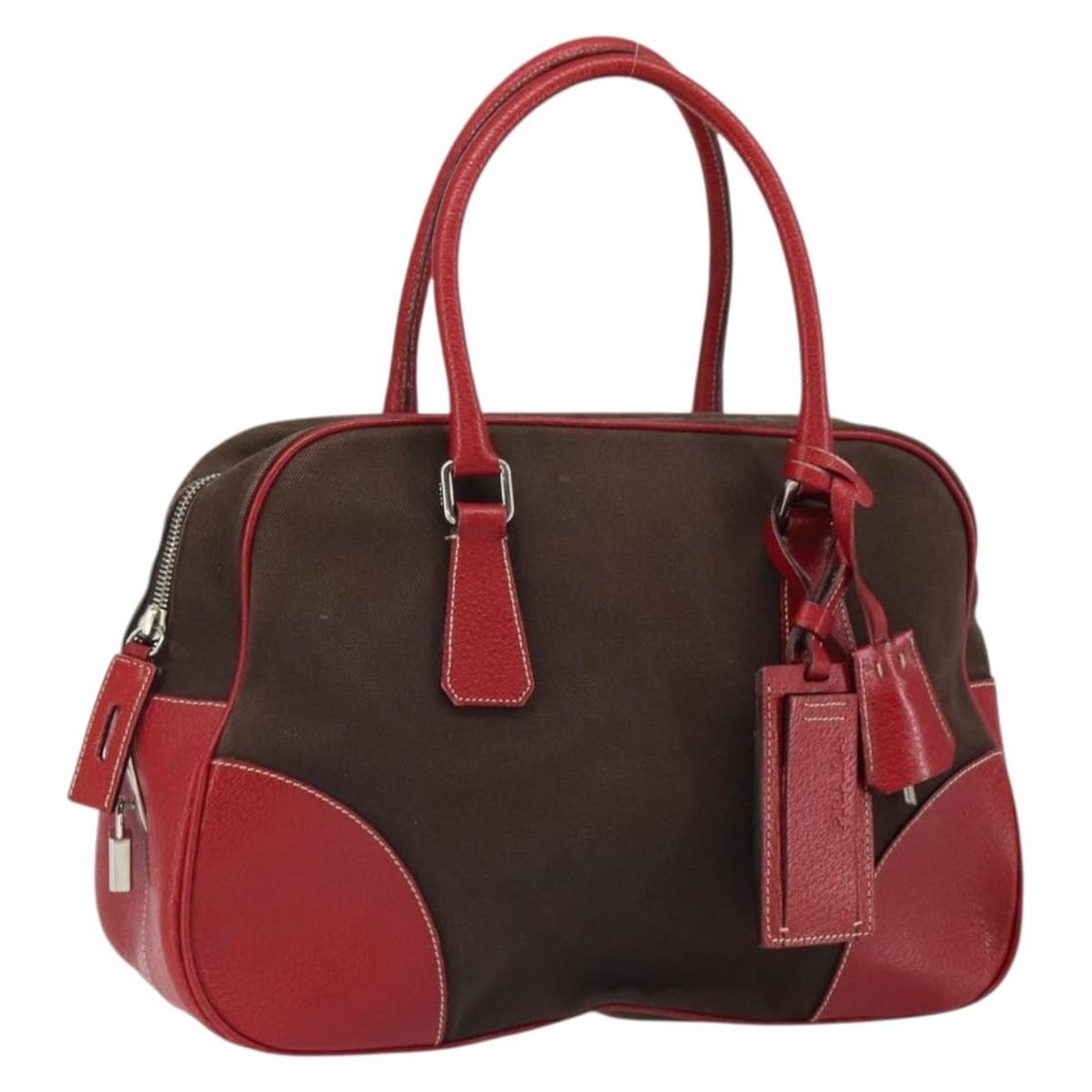 Prada Canvas Silver and Brown Handbag with Padlock and Accessories (1 of 18)