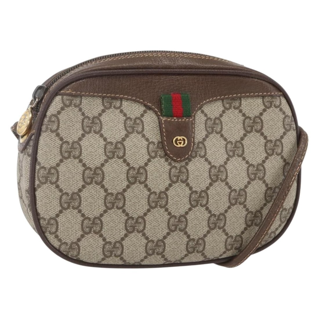 Beige GG Supreme Sherry Web Shoulder Bag by Gucci in PVC Leather: Beige GG Supreme Sherry Web Shoulder Bag by Gucci in PVC Leather This GUCCI GG Supreme Web Sherry Line shoulder bag features a beige and gold color scheme crafted from PVC leather with GG canvas accen