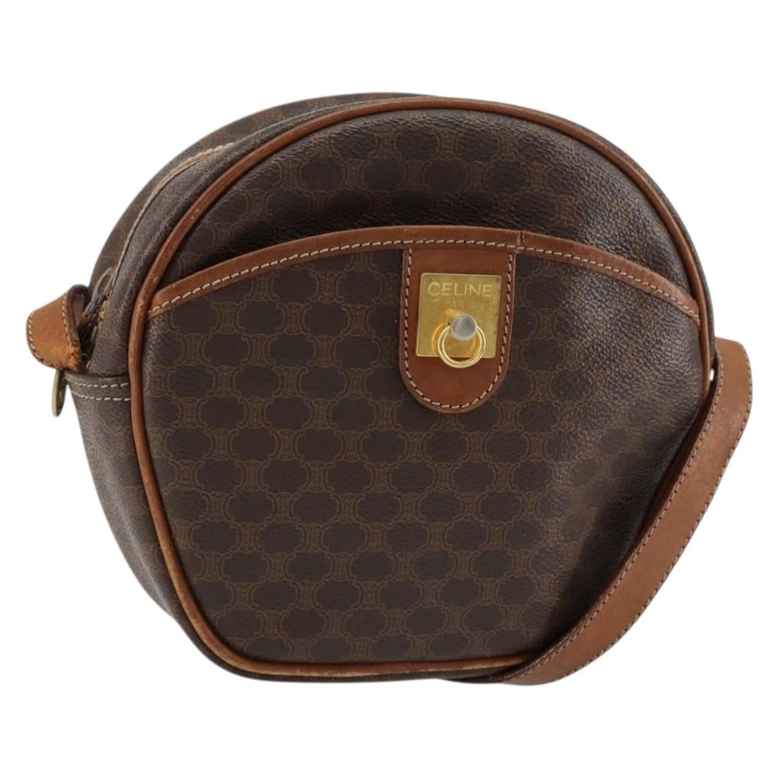CELINE Macadam Canvas Brown Gold Shoulder Bag PVC Leather Auth M12: CELINE Macadam Canvas Brown Gold Shoulder Bag PVC Leather Auth M12 This CELINE Macadam Canvas Shoulder Bag is a chic accessory made in Italy, featuring a stylish blend of PVC leather and Macadam canva