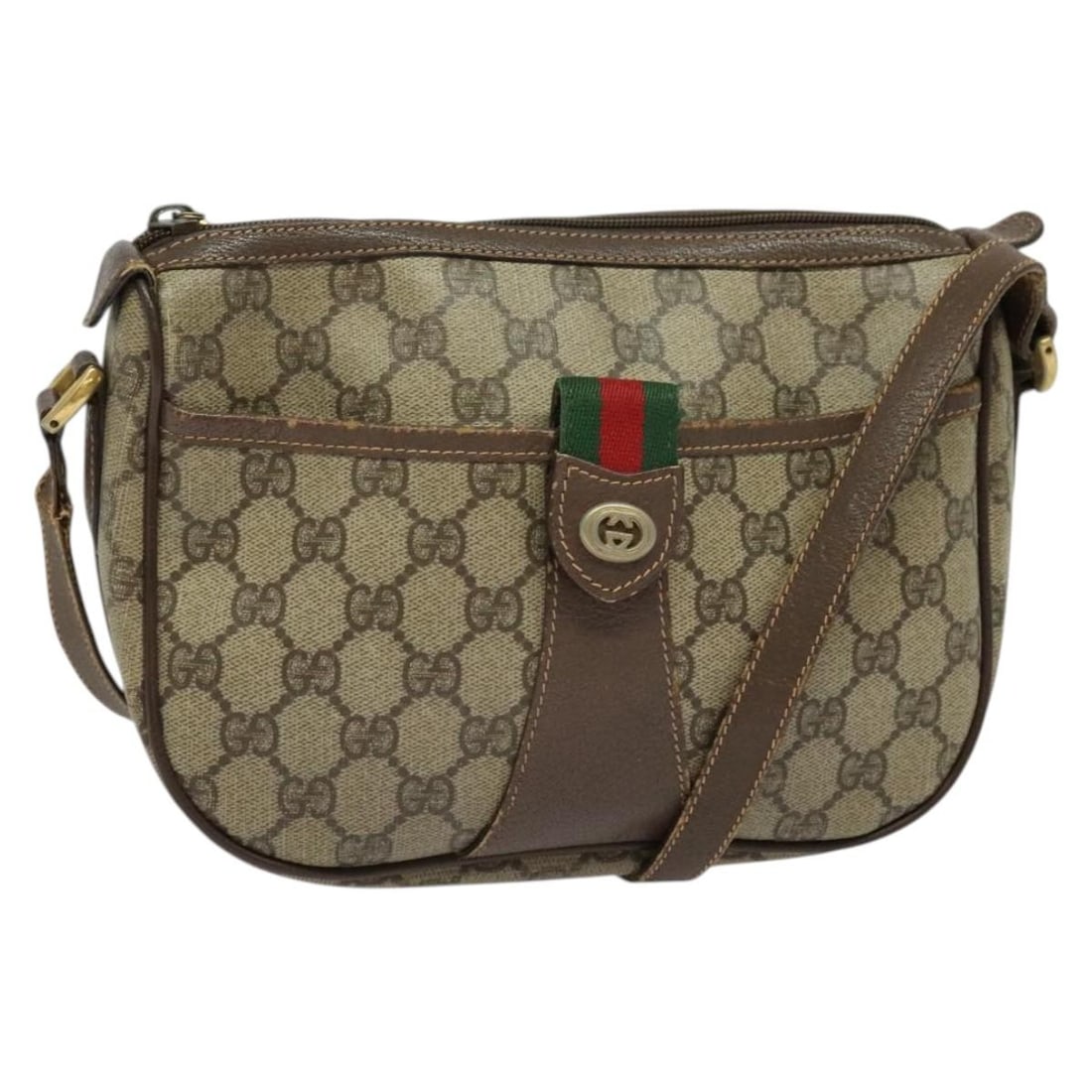 GUCCI GG Supreme Web Sherry Line Shoulder Bag Beige Gold Red PVC Auth 89 02 032: GUCCI GG Supreme Web Sherry Line Shoulder Bag Beige Gold Red PVC Auth 89 02 032 This authentic GUCCI GG Supreme Web Sherry Line Shoulder Bag is a stylish accessory designed to enhance your look. Craft
