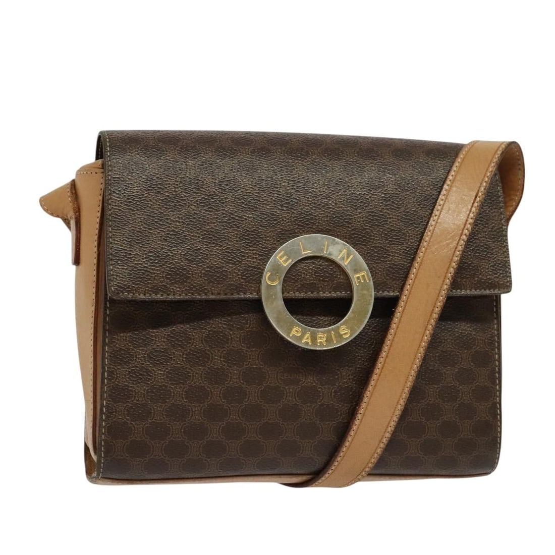 CELINE Macadam Circle Shoulder Bag PVC Leather Brown Gold Made in Italy: CELINE Macadam Circle Shoulder Bag PVC Leather Brown Gold Made in Italy This CELINE Macadam Canvas Circle Shoulder Bag is a stylish accessory that combines elegance and functionality. Made from durabl