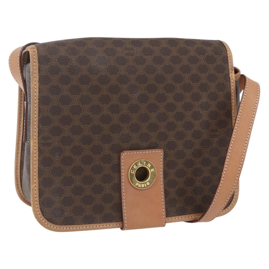 Celine Macadam Brown PVC Shoulder Bag with Gold Accents: Celine Macadam Brown PVC Shoulder Bag with Gold Accents This is a CELINE Macadam shoulder bag crafted from PVC leather and Macadam canvas in brown and gold tones. The bag features an adjustable should