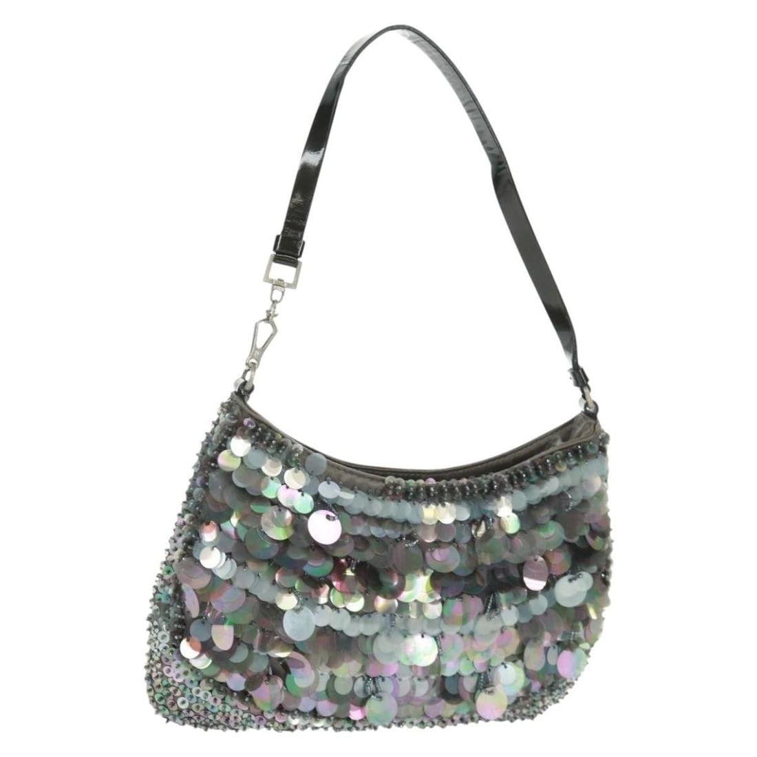 Prada Multicolor Velor Sequin Handbag with Mirror Accessory: Prada Multicolor Velor Sequin Handbag with Mirror Accessory This PRADA handbag features a vibrant multicolor design with a velor exterior embellished with sequins. The bag is crafted in Italy and incl