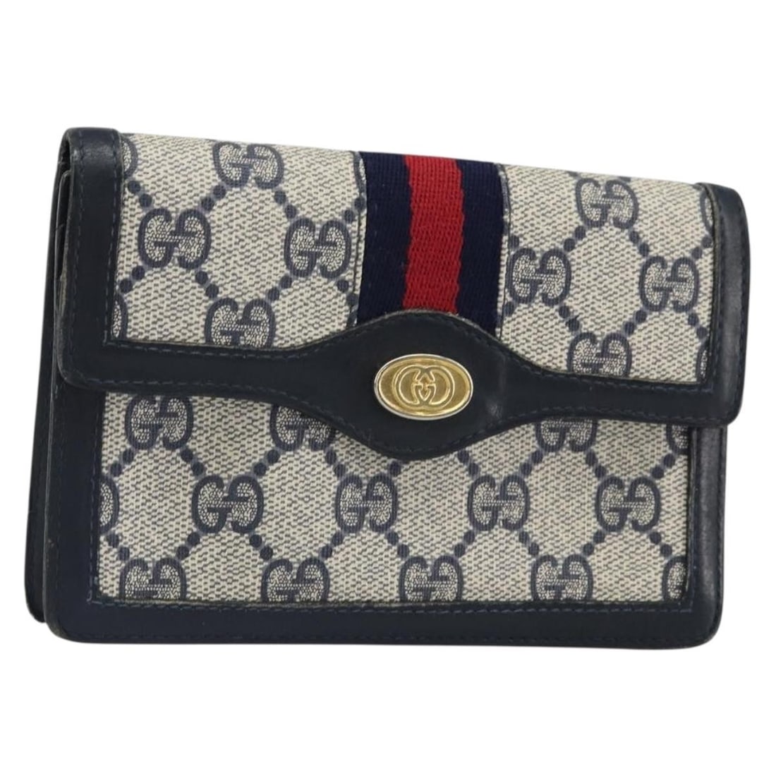 Navy and Gold Gucci Sherry Line GG Supreme Pouch PVC Leather Italy: Navy and Gold Gucci Sherry Line GG Supreme Pouch PVC Leather Italy This is a Gucci GG Supreme Sherry Line pouch crafted from navy and gold PVC leather with GG canvas accents. The compact pouch feature