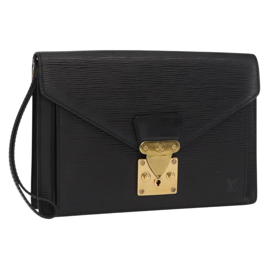 Black Epi Leather Dragonne Clutch by Louis Vuitton M52612: Black Epi Leather Dragonne Clutch by Louis Vuitton M52612 This Louis Vuitton Epi Serie Dragonne Clutch Bag features black Epi leather and a sleek, structured silhouette. Designed as a clutch, it offer