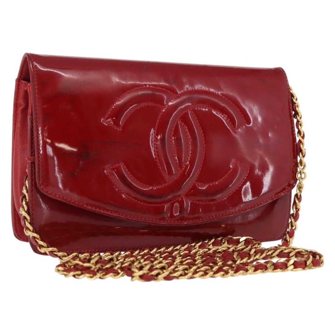 Red Patent Leather Chanel Coco Mark Shoulder Bag with Gold CC Chain: Red Patent Leather Chanel Coco Mark Shoulder Bag with Gold CC Chain This CHANEL Coco Mark shoulder bag features vibrant red patent leather with gold-tone CC accents and chain strap. The compact design