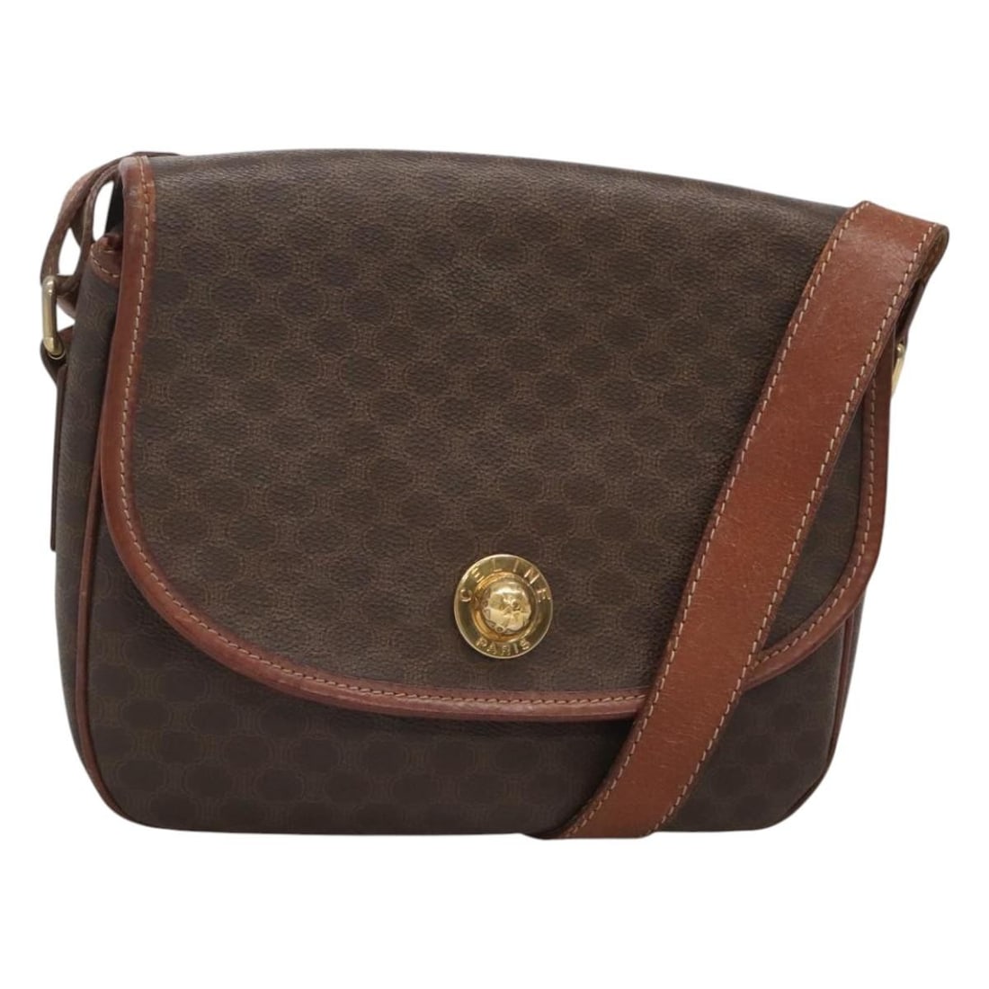 CELINE Macadam Canvas Shoulder Bag Brown Gold PVC Leather Italy: CELINE Macadam Canvas Shoulder Bag Brown Gold PVC Leather Italy This Celine Macadam Canvas Shoulder Bag is a stylish accessory crafted from durable PVC leather, featuring a chic brown and gold color s