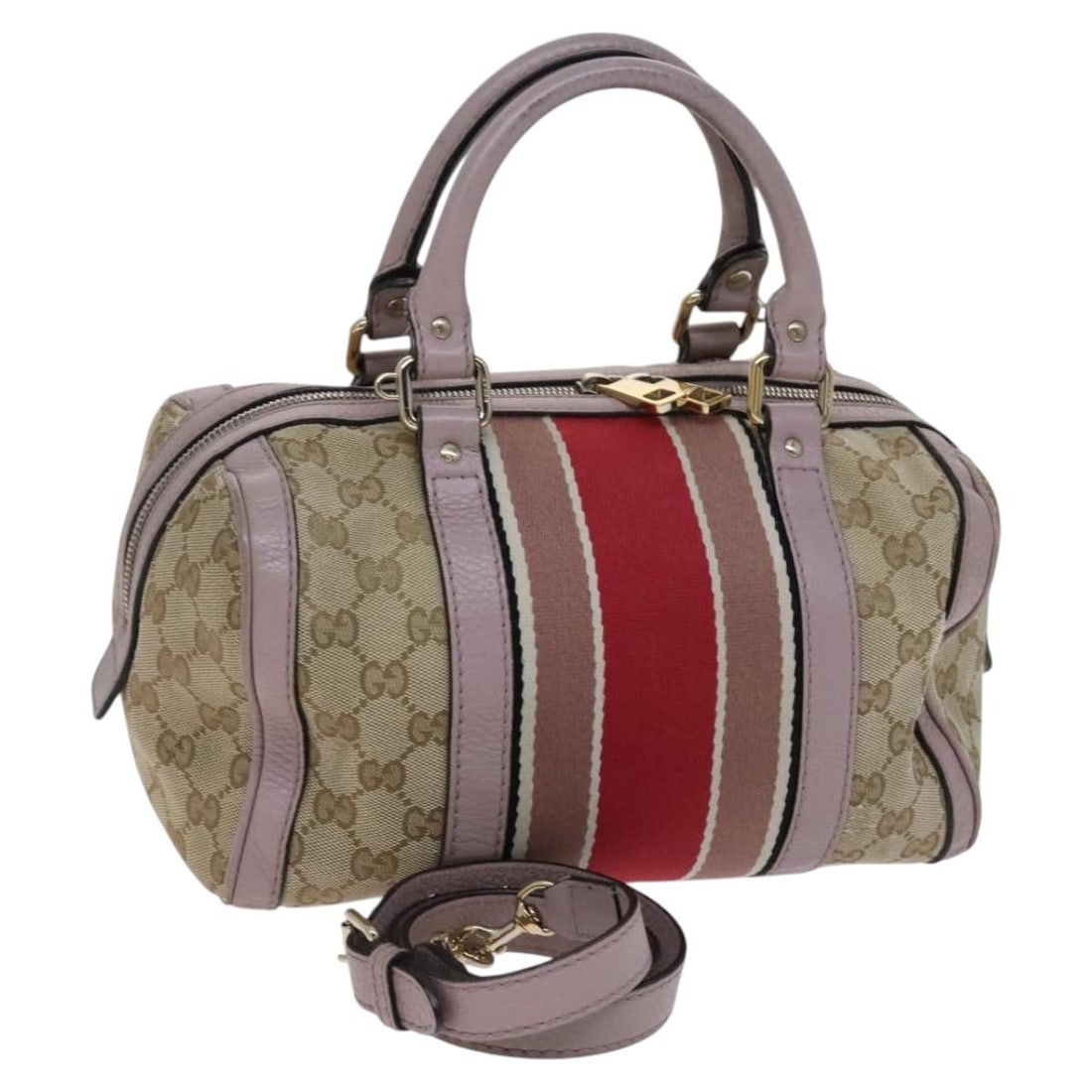 GUCCI GG Canvas Sherry Line Boston Bag Beige Pink Red 269876 Auth (1 of 18)