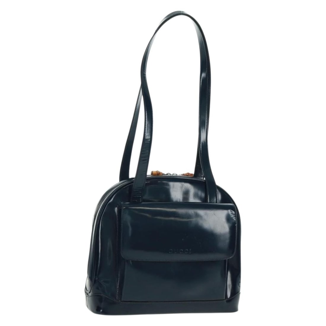 Gucci Patent Leather Navy and Gold Shoulder Bag Model 001 090 1649: Gucci Patent Leather Navy and Gold Shoulder Bag Model 001 090 1649 This Gucci shoulder bag is crafted from navy patent leather with gold-tone accents. Made in Italy, it features a structured silhouett