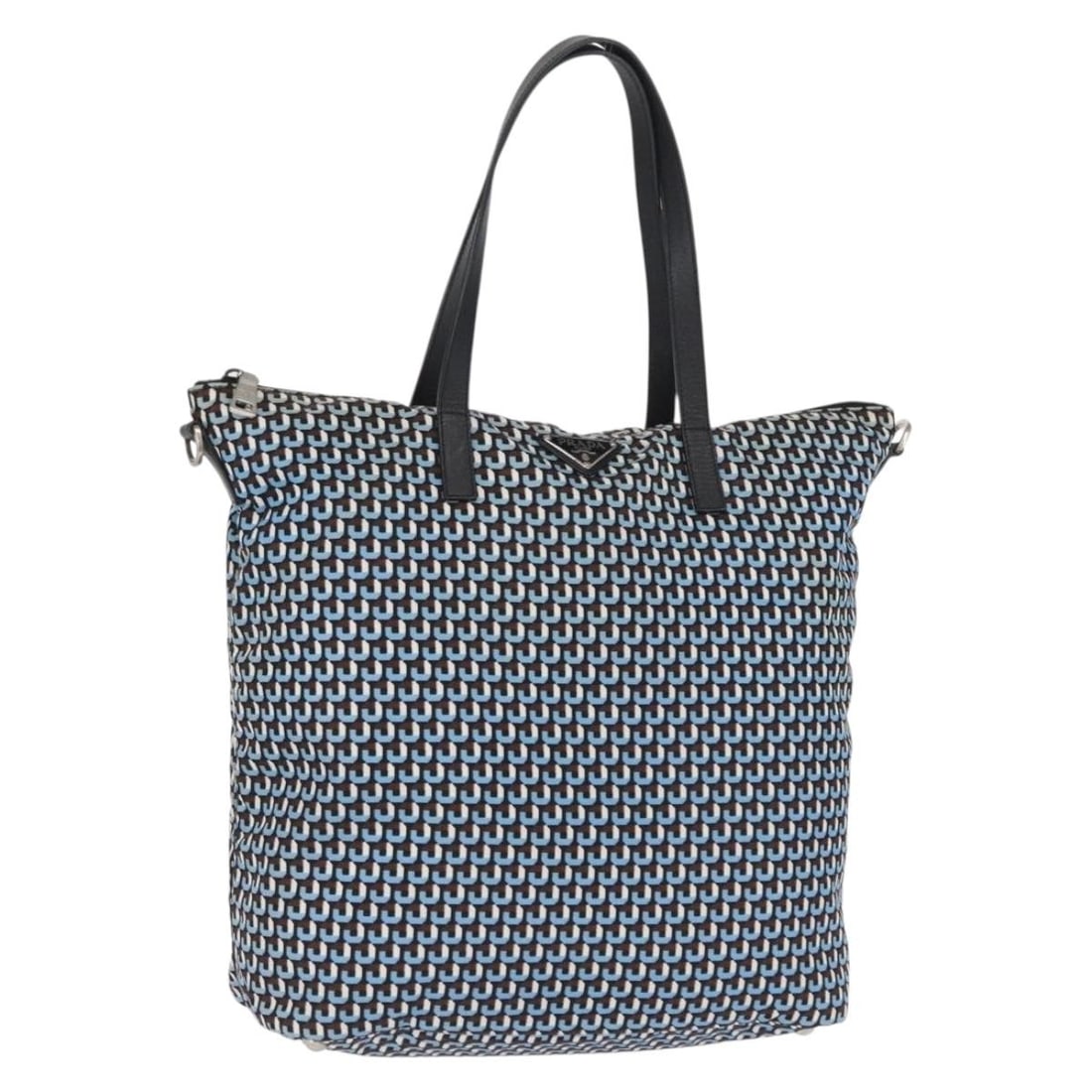 Light Blue Nylon Tote by Prada Silver Accents Italy: Light Blue Nylon Tote by Prada Silver Accents Italy This PRADA tote bag is crafted from light blue nylon with silver-tone accents. It features dual handles and offers a spacious interior, making it pr