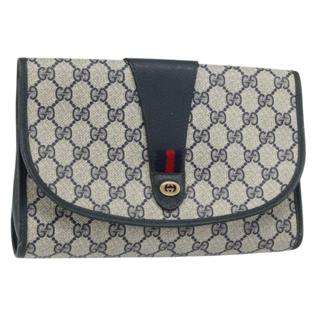 GUCCI GG Supreme Navy Gold PVC Clutch Bag Italy Auth 156 01 030: GUCCI GG Supreme Navy Gold PVC Clutch Bag Italy Auth 156 01 030 This authentic GUCCI GG Supreme Sherry Line Clutch Bag features a stylish design in PVC leather with a navy and gold color scheme. Measu