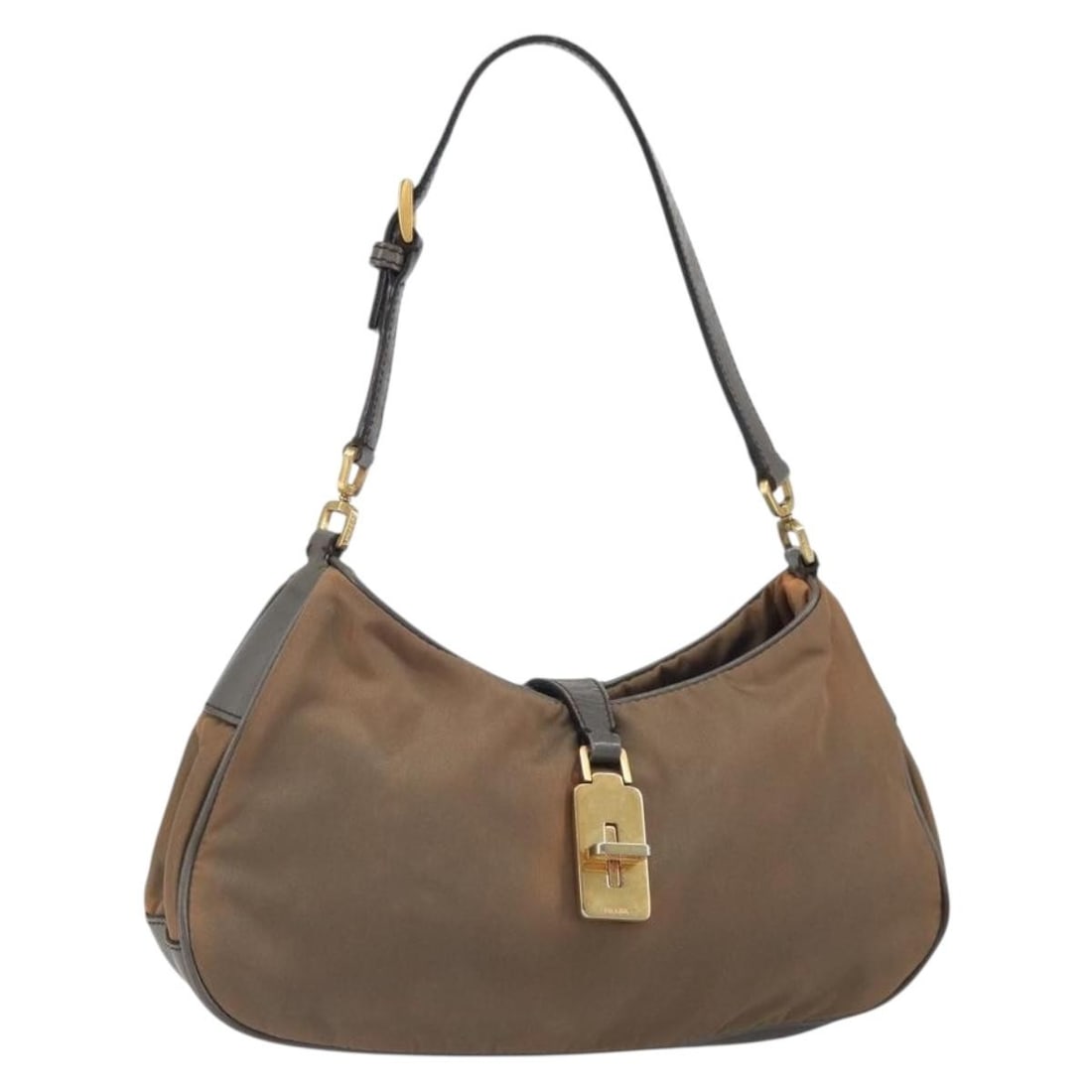 Nylon and Leather Gold Brown Prada Handbag Made in Italy: Nylon and Leather Gold Brown Prada Handbag Made in Italy This PRADA hand bag features a gold and brown nylon exterior with leather accents. Made in Italy, the bag has a compact design and includes a s