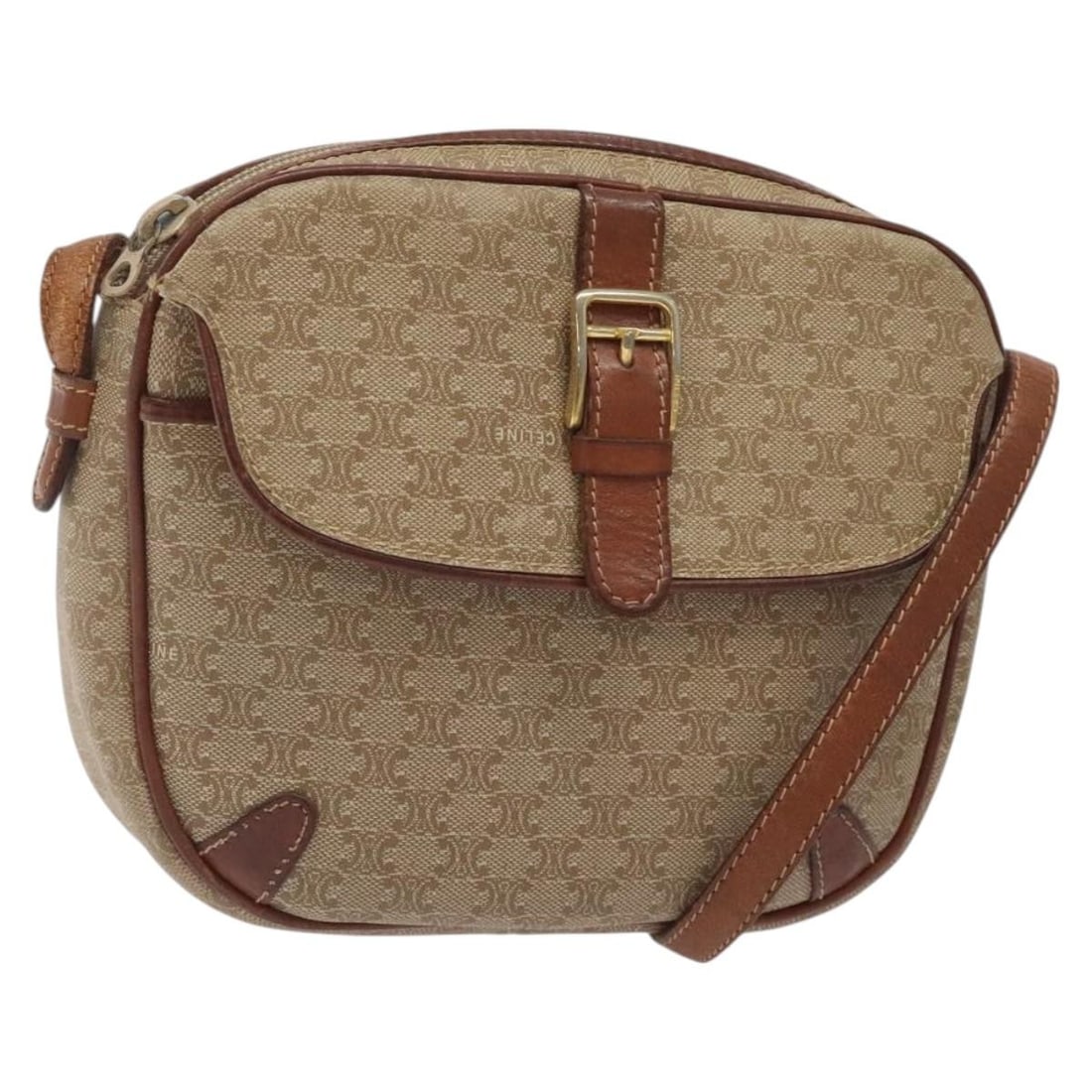 CELINE Beige Gold PVC Leather Macadam Shoulder Bag BA1813 Made in Italy: CELINE Beige Gold PVC Leather Macadam Shoulder Bag BA1813 Made in Italy Elevate your style with this authentic CELINE Macadam Canvas Shoulder Bag, featuring a chic beige and gold color scheme. Crafted