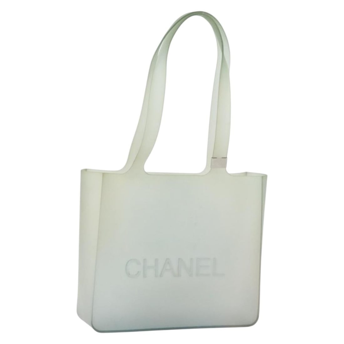 Light Blue Rubber CC Tote by CHANEL: Light Blue Rubber CC Tote by CHANEL This CHANEL tote bag features a light blue rubber exterior with the classic CC logo. The bag is designed with a spacious main compartment and a practical handle dro