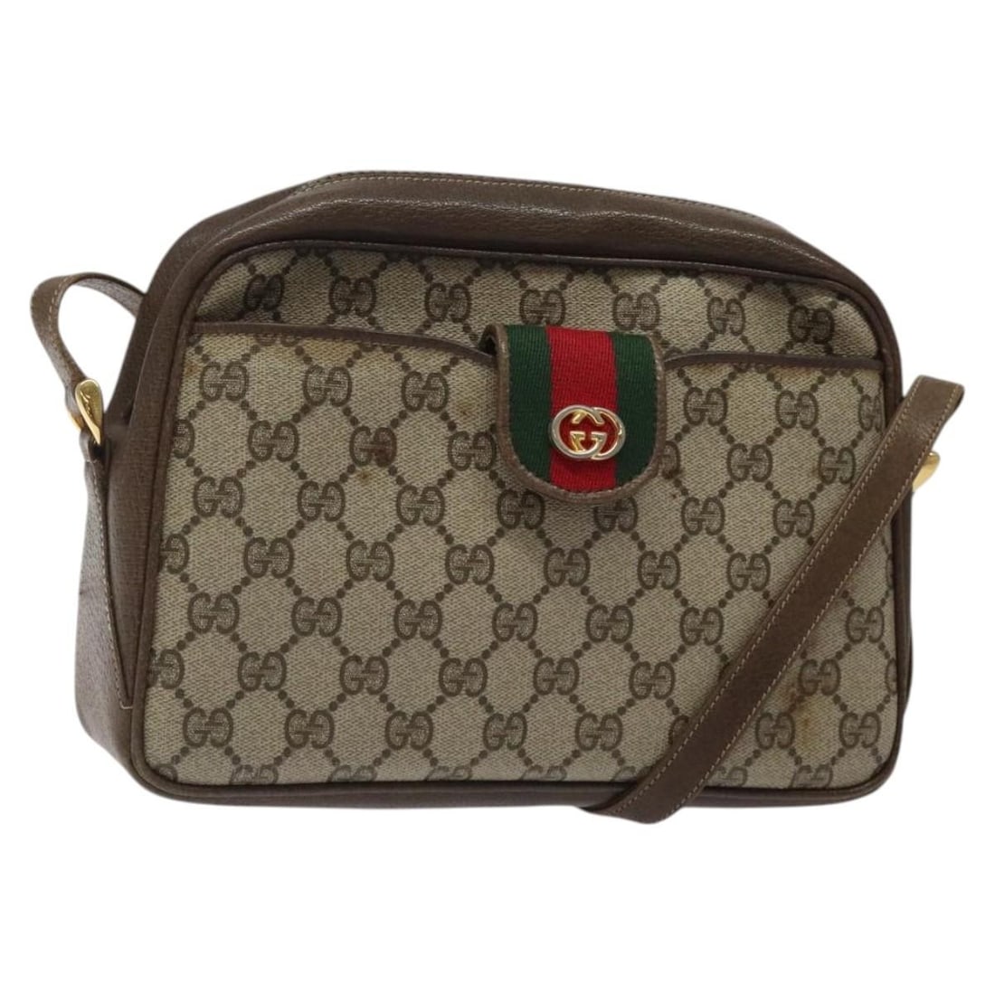 GUCCI GG Supreme Sherry Line Shoulder Bag Beige Gold Red PVC Auth BA1924: GUCCI GG Supreme Sherry Line Shoulder Bag Beige Gold Red PVC Auth BA1924 This chic Gucci GG Supreme Web Sherry Line Shoulder Bag is crafted from durable PVC leather in a sophisticated beige, gold, and