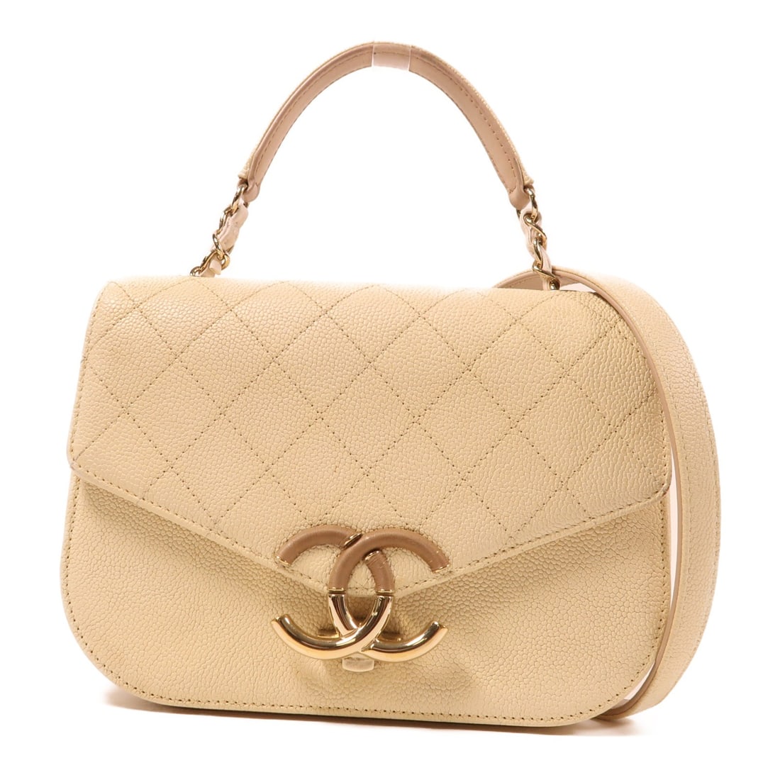 CHANEL 2 Way Shoulder Bag Beige Calfskin Leather GHW: CHANEL 2 Way Shoulder Bag Beige Calfskin Leather GHW This Chanel 2-way shoulder bag is crafted from luxurious beige calfskin leather, offering both style and versatility. The bag features a classic de