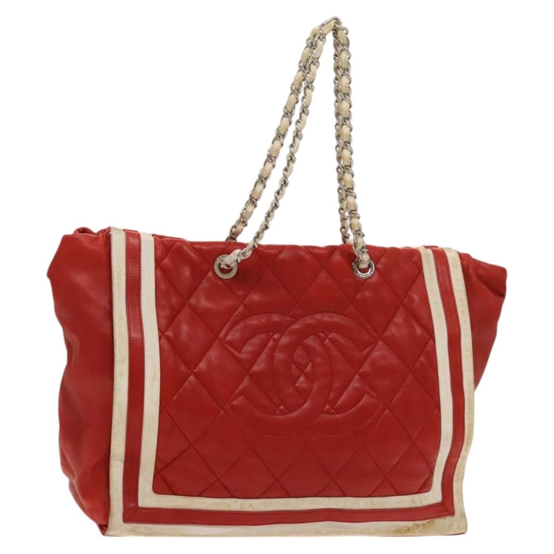 CHANEL Red Silver Lambskin Matelasse Chain Tote Bag Italy Auth (1 of 18)