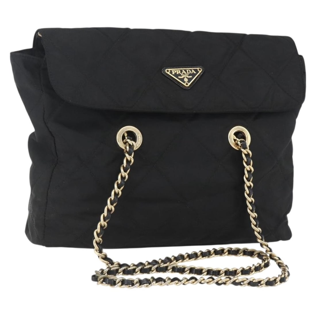 PRADA Black Gold Quilted Nylon Tote Bag Italy Auth BS31575: PRADA Black Gold Quilted Nylon Tote Bag Italy Auth BS31575 This PRADA Quilted Chain Tote Bag is a stylish accessory crafted from durable nylon in a sleek black and gold color combination. With dimensi