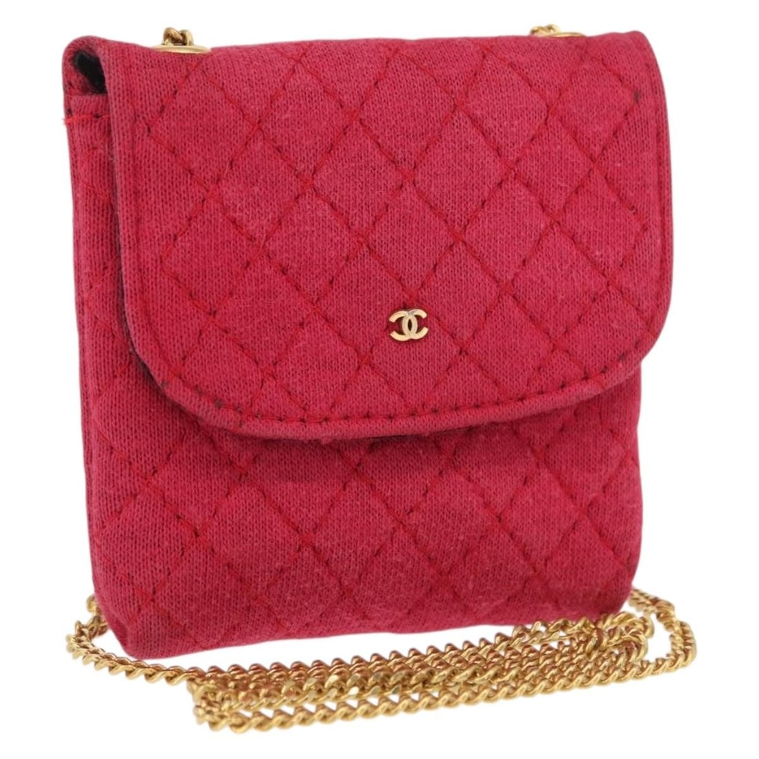 Pink Cotton Matelasse Shoulder Bag by CHANEL with Gold Chain and CC Logo: Pink Cotton Matelasse Shoulder Bag by CHANEL with Gold Chain and CC Logo This CHANEL Matelasse shoulder bag features a pink and gold cotton exterior with gold-tone CC accents. Designed in a compact sq