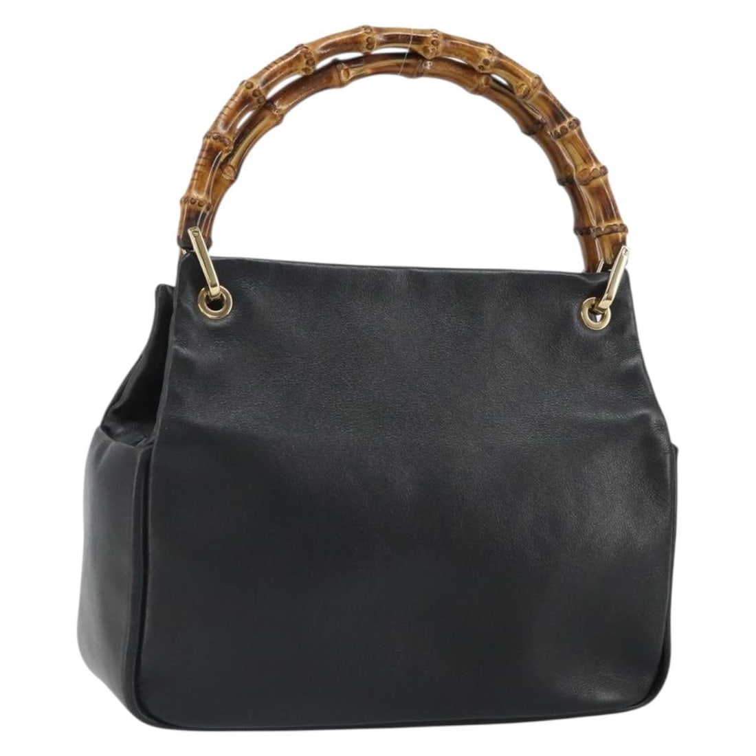 Black Leather Gucci Bamboo Handle Handbag with Gold Accents Model 000 3444 0575: Black Leather Gucci Bamboo Handle Handbag with Gold Accents Model 000 3444 0575 This is a Gucci Bamboo hand bag crafted from black leather with gold-tone accents. Made in Italy, the bag features a bam