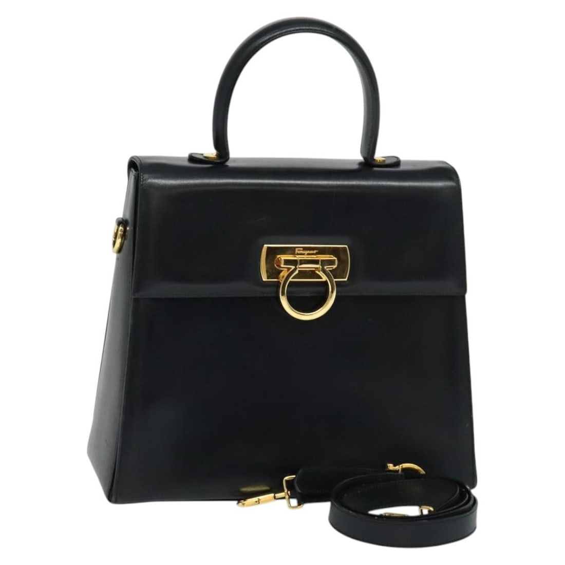 Salvatore Ferragamo Gancini Leather Hand Bag Black Gold 2-Way Italy Auth KD547 (1 of 18)