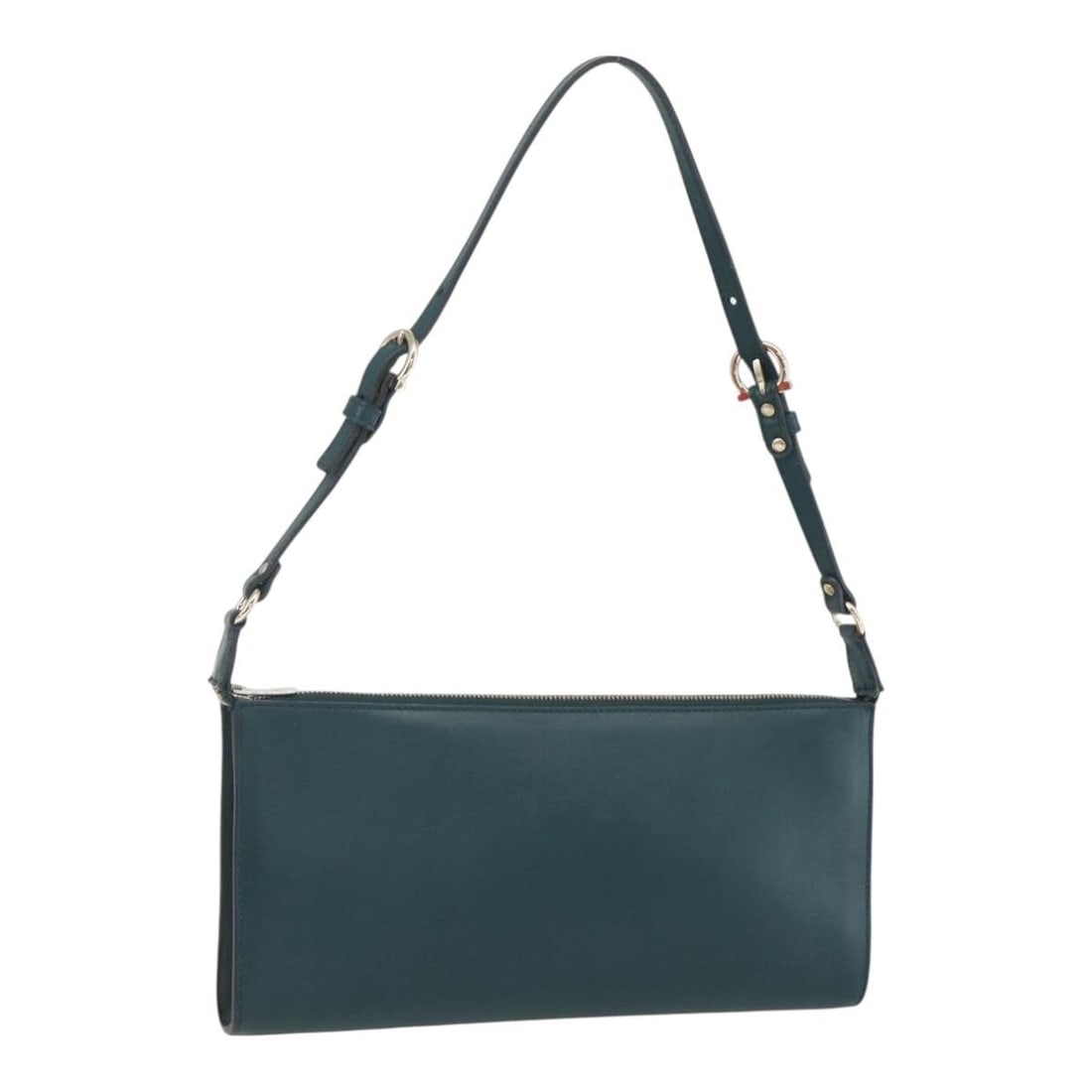 Green Leather Gancini Pouch by Salvatore Ferragamo with Silver Accents: Green Leather Gancini Pouch by Salvatore Ferragamo with Silver Accents This Salvatore Ferragamo Gancini accessory pouch is crafted from green leather with silver-tone accents. Made in Italy, it featur