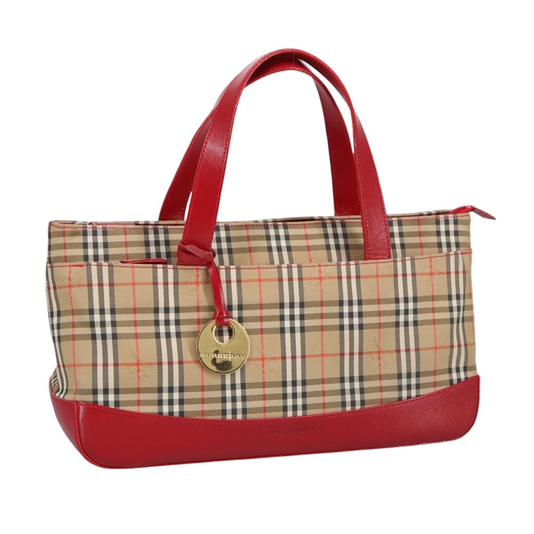 Burberry Nova Check Hand Bag Canvas Beige Red Authentic: Burberry Nova Check Hand Bag Canvas Beige Red Authentic This Burberry Nova Check Hand Bag combines a stylish beige and red canvas exterior with practical functionality. The bag measures approximately
