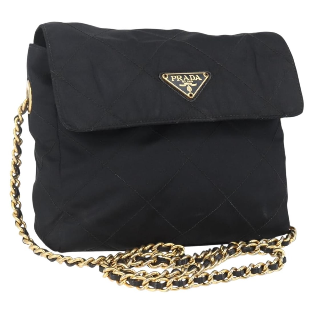 Prada Black Nylon Gold-Tone Chain Shoulder Bag Italy: Prada Black Nylon Gold-Tone Chain Shoulder Bag Italy This authentic PRADA chain shoulder bag features a black nylon exterior with gold-tone accents. The bag includes a chain shoulder strap and is made