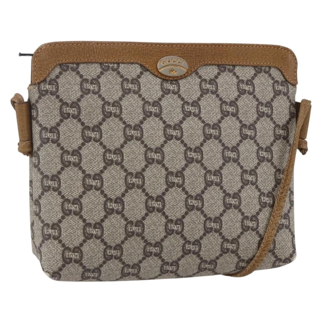 GUCCI GG Plus Supreme Beige Gold Shoulder Bag PVC Authentic: GUCCI GG Plus Supreme Beige Gold Shoulder Bag PVC Authentic This GUCCI GG Plus Supreme Shoulder Bag is a stylish accessory crafted in Italy, featuring a combination of PVC leather and GG canvas. The c