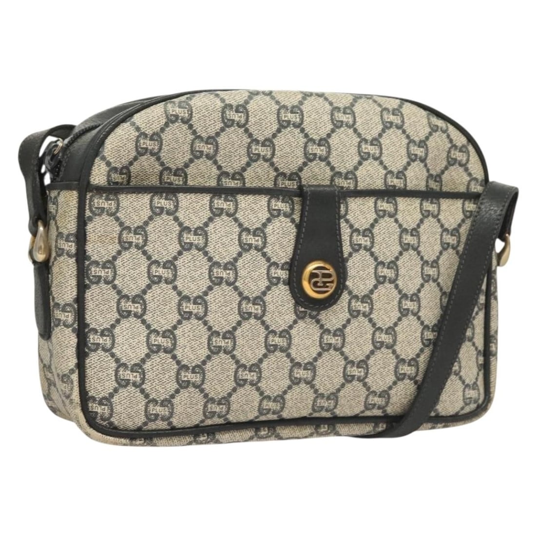 GUCCI GG Plus Supreme Navy Gold PVC Shoulder Bag Made in Italy: GUCCI GG Plus Supreme Navy Gold PVC Shoulder Bag Made in Italy This elegant GUCCI GG Plus Supreme Shoulder Bag is crafted from durable PVC leather in a striking navy and gold color scheme. Designed fo
