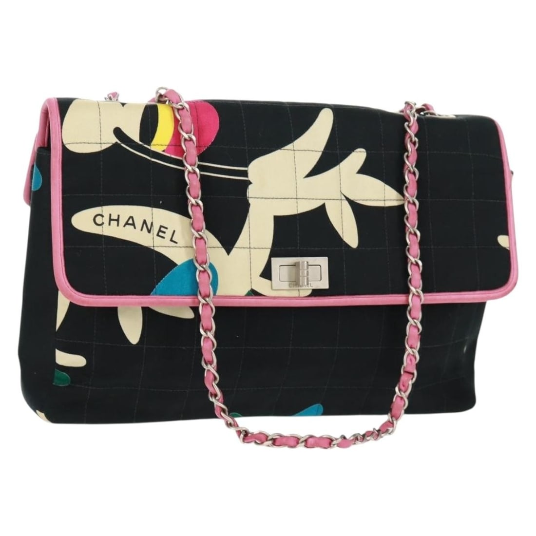 Chanel Choco Bar Black Canvas 2.55 Chain Shoulder Bag with Silver CC: Chanel Choco Bar Black Canvas 2.55 Chain Shoulder Bag with Silver CC This CHANEL 2.55 Choco Bar shoulder bag features a black and silver canvas exterior with silver-tone chain accents and iconic CC de