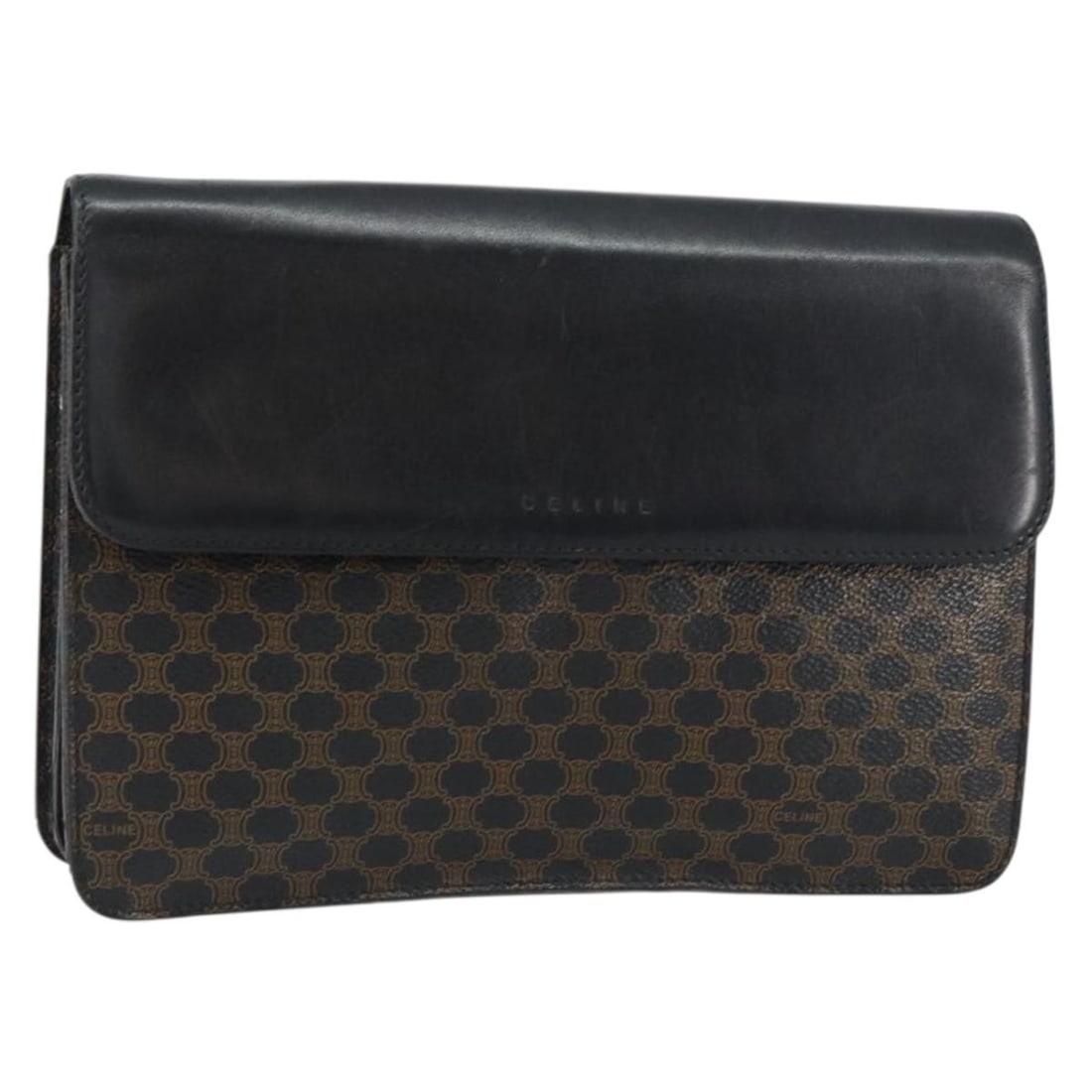 CELINE Macadam Canvas Clutch Bag Black Gold PVC Leather Italy Auth 153735: CELINE Macadam Canvas Clutch Bag Black Gold PVC Leather Italy Auth 153735 This authentic Celine Macadam Canvas Clutch Bag combines a stylish design with functional elegance. Crafted in Italy, this clu