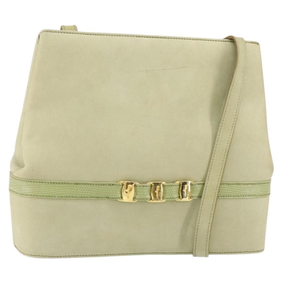 Salvatore Ferragamo Vala Suede Shoulder Bag Gold Light Green Authentic (1 of 18)