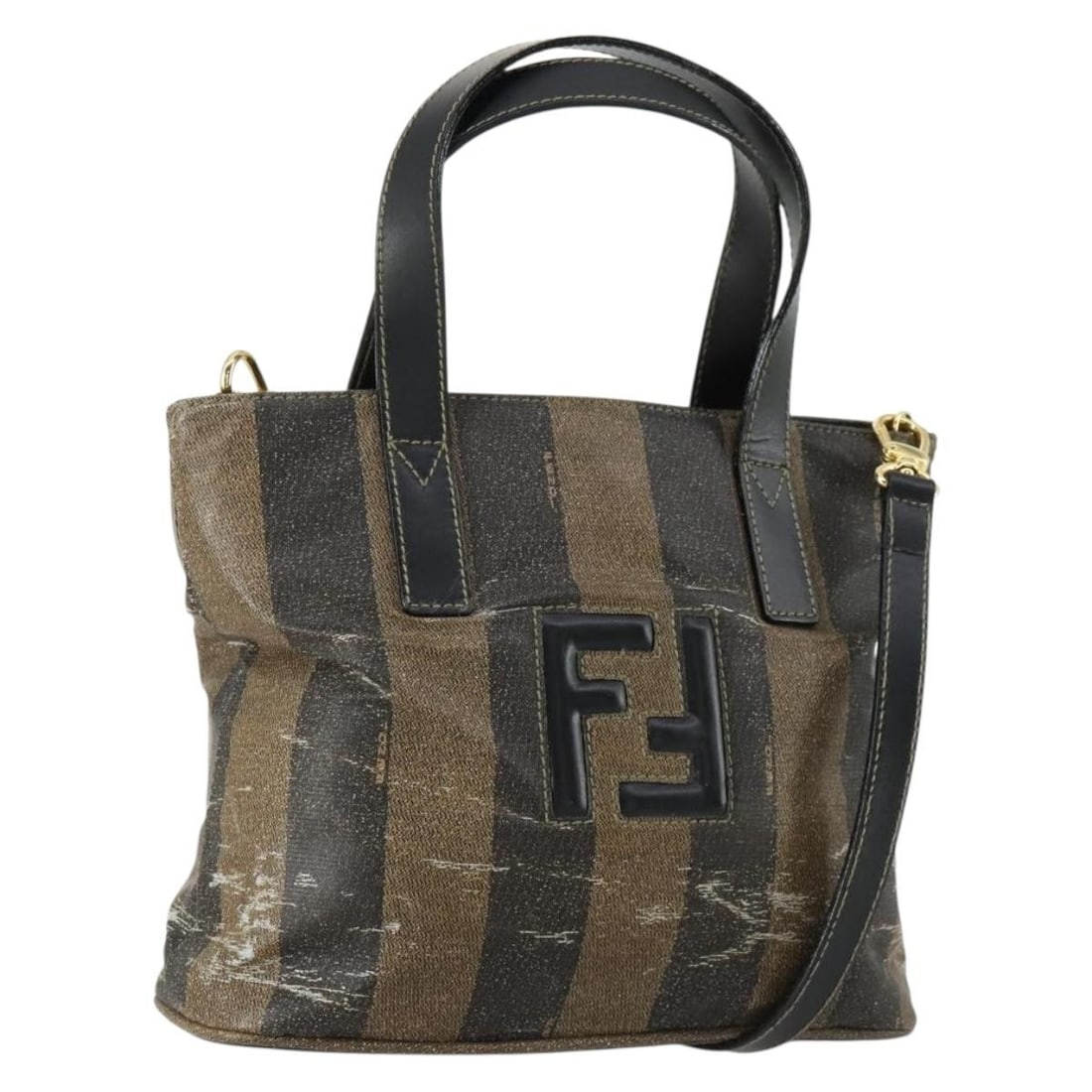 Fendi Pequin Canvas Black Brown Two Way Handbag with Shoulder Strap: Fendi Pequin Canvas Black Brown Two Way Handbag with Shoulder Strap This FENDI 2-way handbag features the iconic Pequin canvas design in black and brown with PVC leather accents. Crafted in Italy, it